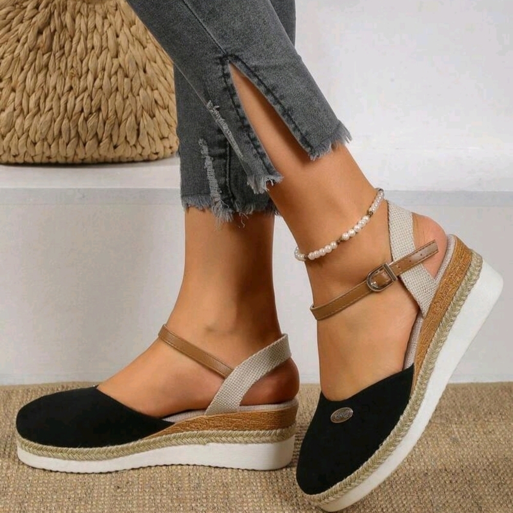 Women's Hollow-out Wedge Heel Sandals With Woven Sole, Black, Elegant Style - Picture 4 of 7